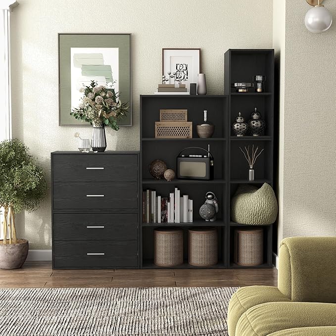 Homes: Inside + Out Apexa 4-Tier Cube Storage Organizer Shelves, Stackable Wood Bookcase Fits Cubby Bins for Organization, Dorm Teen Room Decor & Home Office, Black