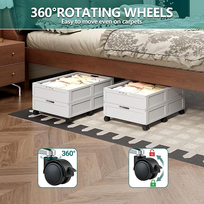 WISUCART Wood Under Bed Storage Containers Underbed Organizer with Wheels Sturdy Wood Rolling Under Bed Shoe Storage Organizer 2 Packs (White, Small)