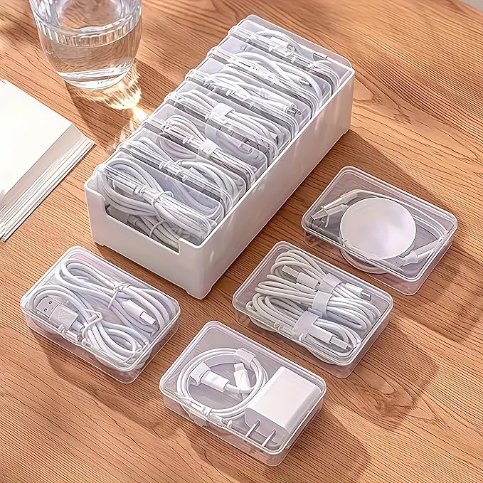 11 Box Cable Organizer Storage Box, Desktop Cable Management with Switch, Power Cord Organizer for Office,Home,Desk Accessories Storage Stationery Supplies and Accessories（White）