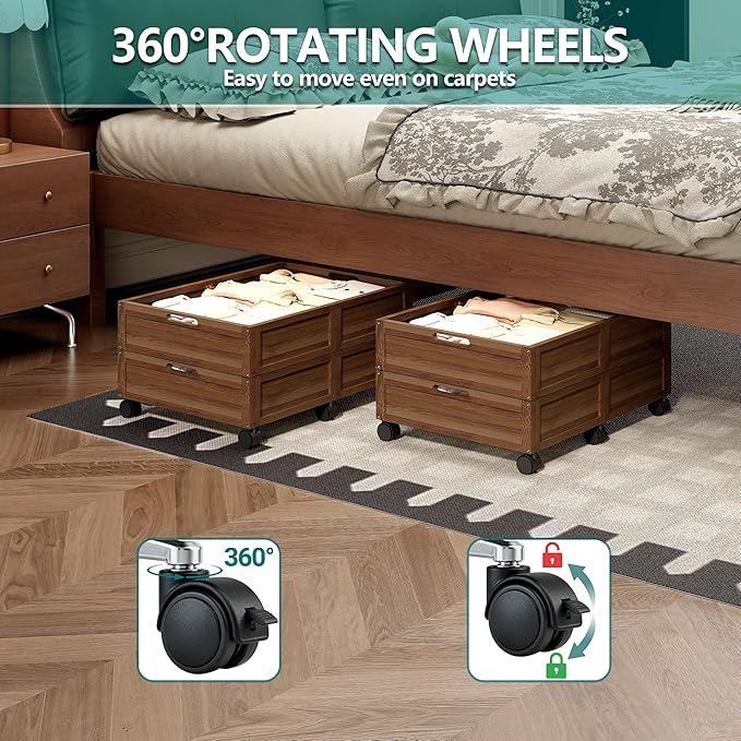 WISUCART Wood Under Bed Storage Containers Underbed Organizer with Wheels Sturdy Wood Rolling Under Bed Shoe Storage Organizer 2 Packs (Walnut, Small)
