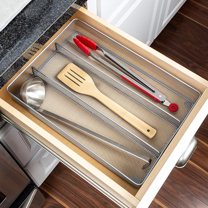 KCH-02157 Steel Mesh 3-Compartment Cutlery Utensil Organizer, Silver