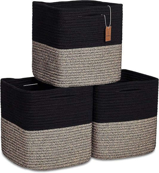 NaturalCozy Storage Cubes 11 Inch Cotton Rope Woven Baskets for Organizing, 3-Pack | Cube Storage Bin | Square Storage Baskets for Shelves Organizer, Classroom, Kids Toy Bins, Closet, Baby Nursery