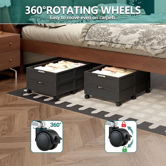 WISUCART Wood Under Bed Storage Containers Underbed Organizer with Wheels Sturdy Wood Rolling Under Bed Shoe Storage Organizer 2 Packs (Black, Small)