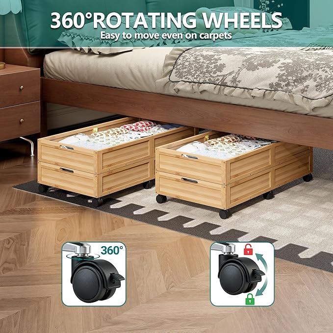 WISUCART Wood Under Bed Storage Containers Underbed Organizer with Wheels Sturdy Wood Rolling Under Bed Shoe Storage Organizer 2 Packs (Nature, Large)