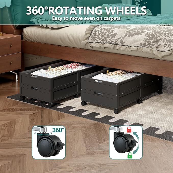 WISUCART Wood Under Bed Storage Containers Underbed Organizer with Wheels Sturdy Wood Rolling Under Bed Shoe Storage Organizer 2 Packs (Black, Large)