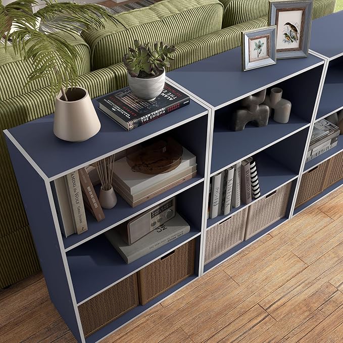 Homes: Inside + Out Apexa 3-Tier Cube Storage Organizer Shelves, Stackable Wood Bookcase Fits Cubby Bins for Organization, Dorm Teen Room Decor & Home Office, Steel Blue