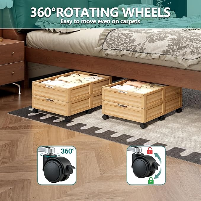 WISUCART Wood Under Bed Storage Containers Underbed Organizer with Wheels Sturdy Wood Rolling Under Bed Shoe Storage Organizer 2 Packs (Nature, Small)